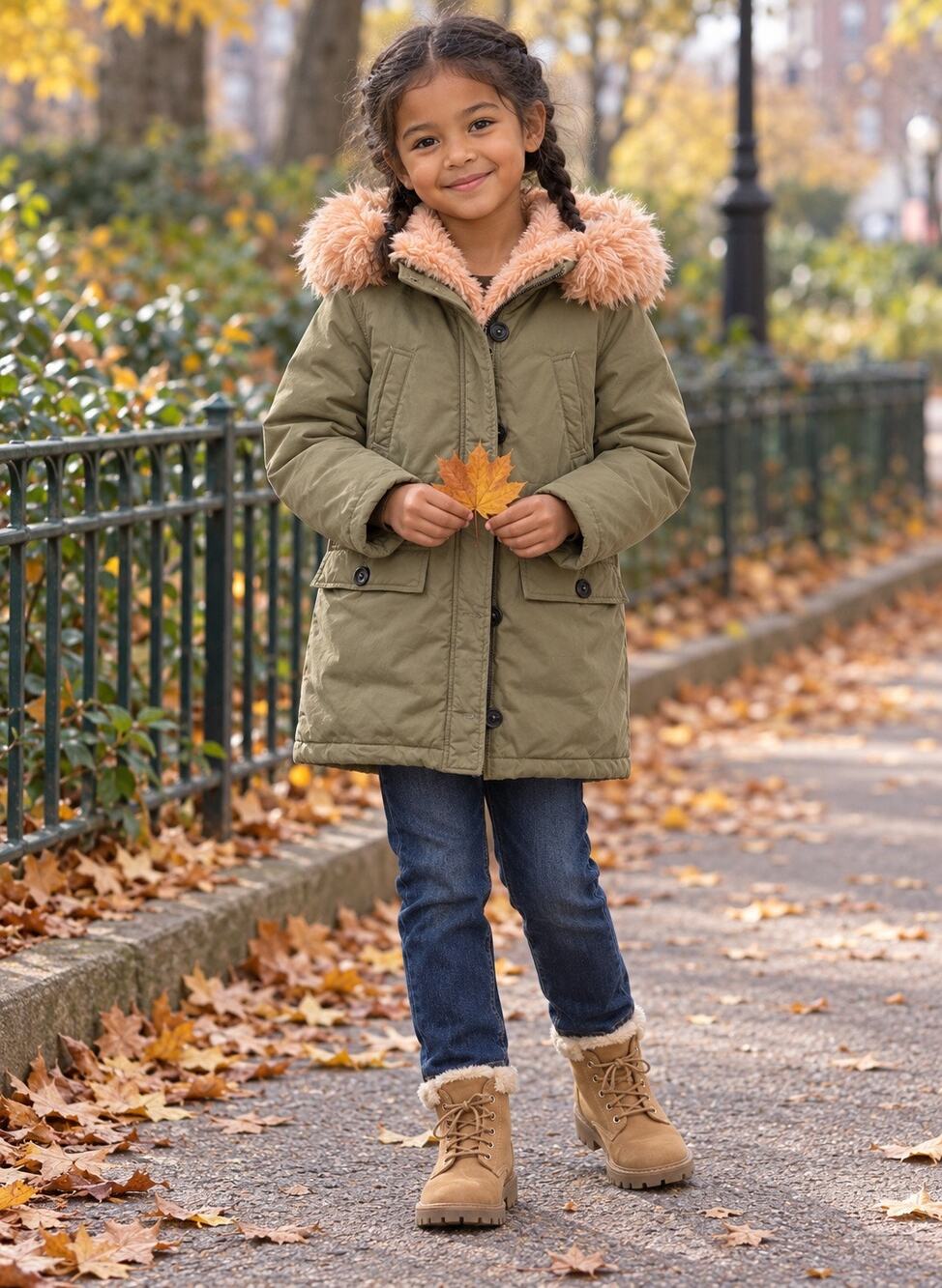 Girls Mini Boden Faux Fur Hooded Parka Coat Olive Green Pink 6/7